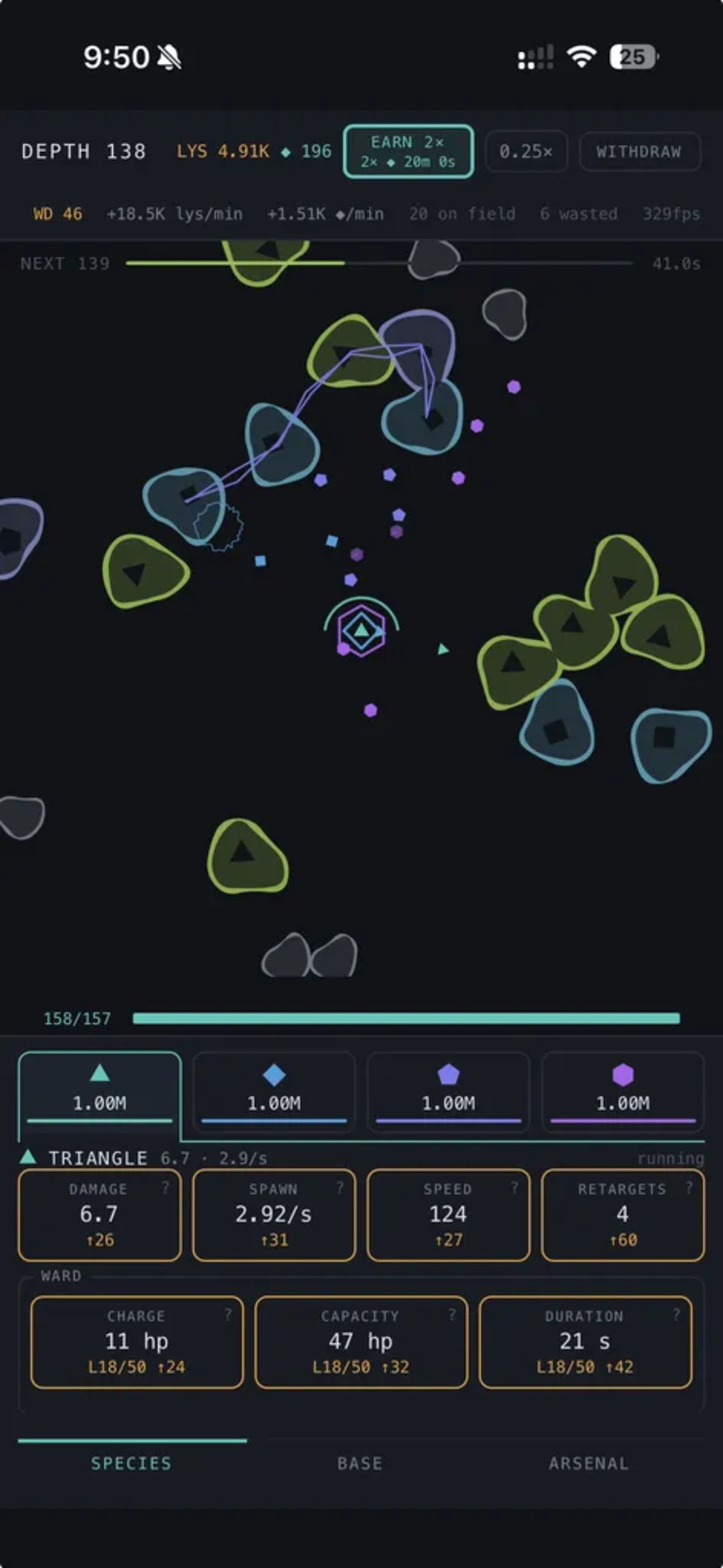 A battle at depth 138: polygon projectiles intercept enemies approaching the core while species populations and upgrades are visible below.