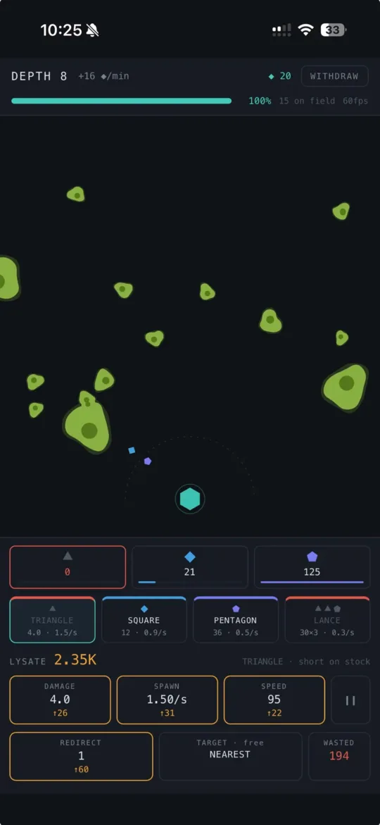 The field at depth eight: green contamination masses drifting in toward a hexagonal base, with damage, spawn rate and speed controls beneath.