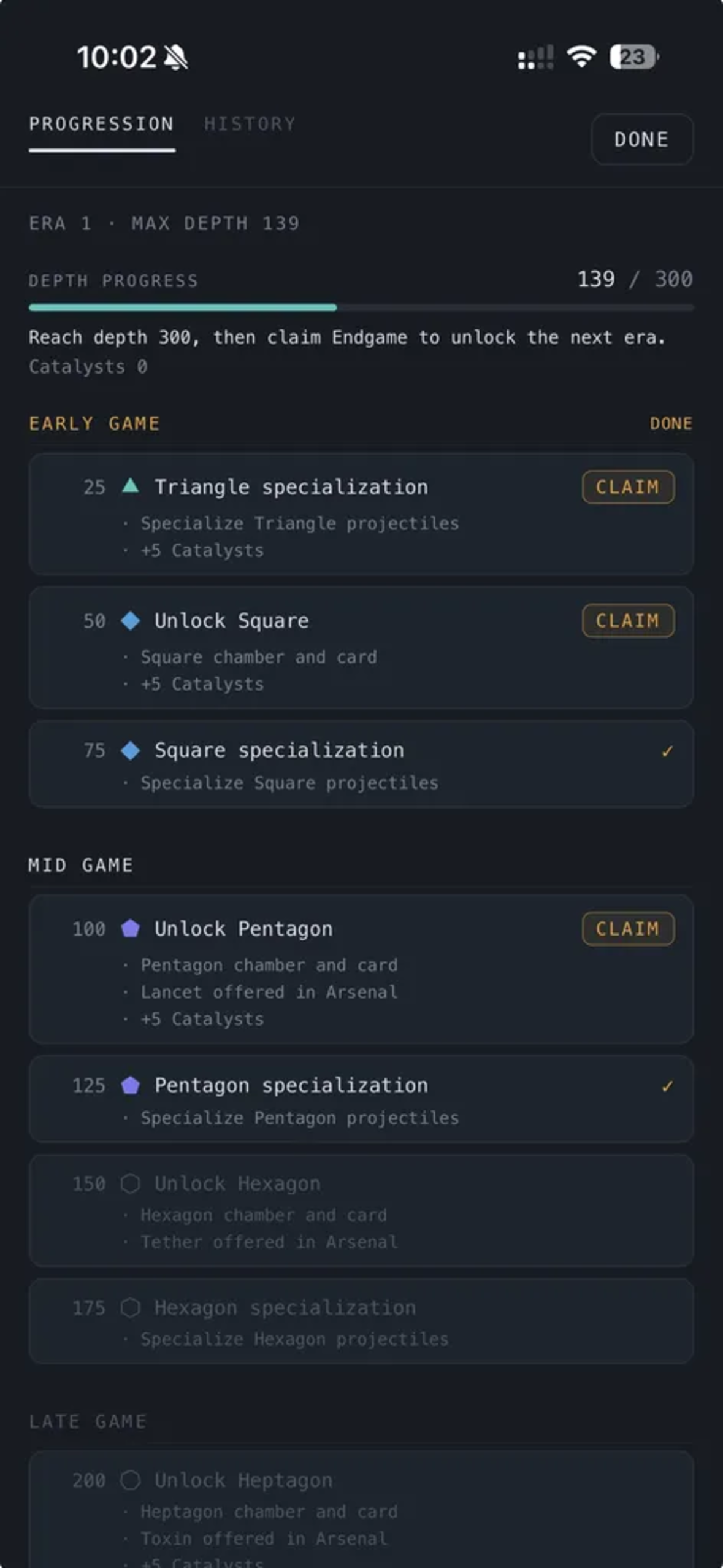 The progression screen: depth milestones unlock species, specializations, Arsenal weapons, and catalysts.